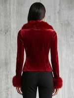 Elegant, Glamorous, Fitted Stretch-velvet Zip Jacket With Faux-fur Trim.