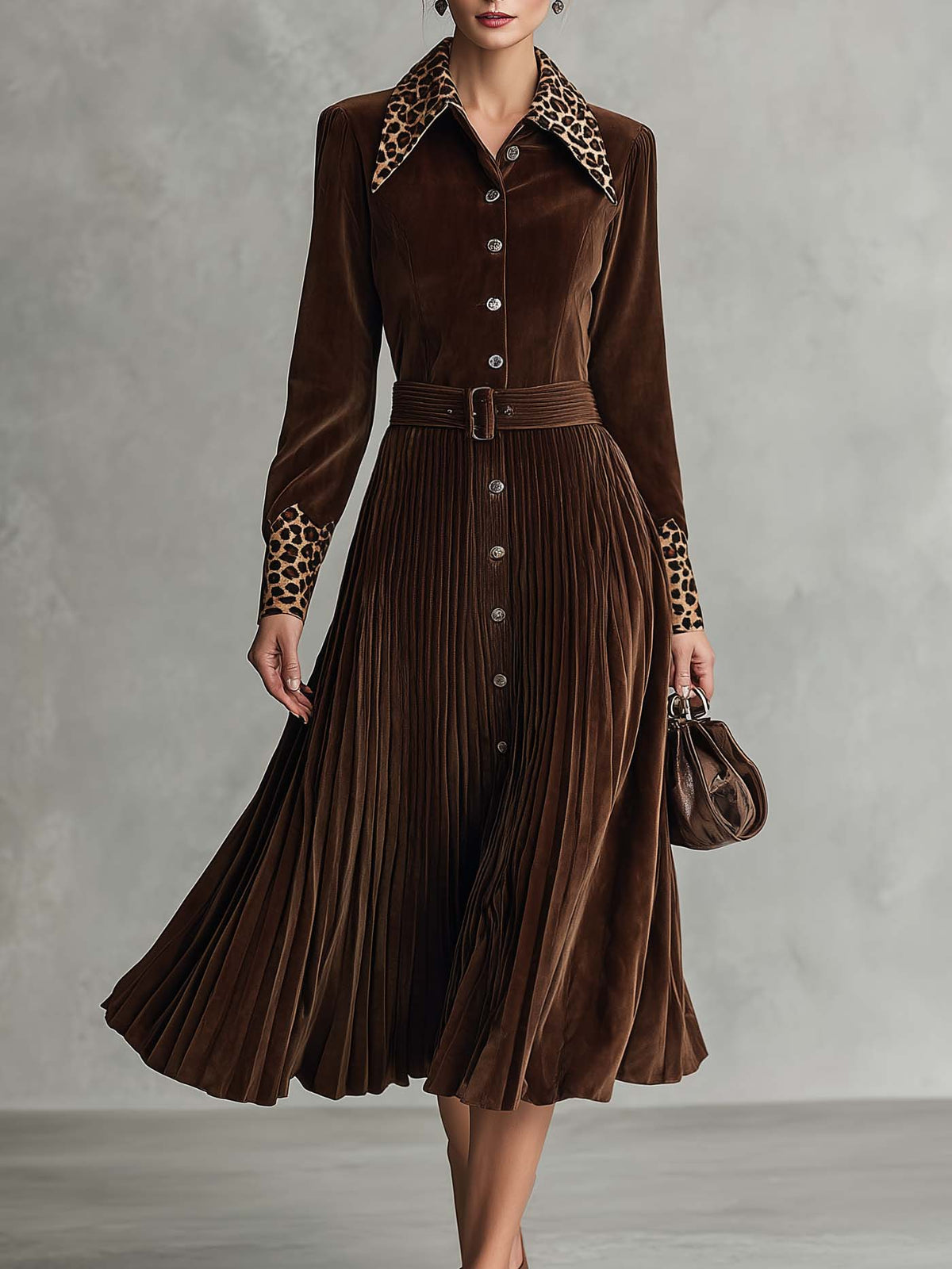 Vintage-style Leopard-print Paneled Velvet Pleated Midi Dress