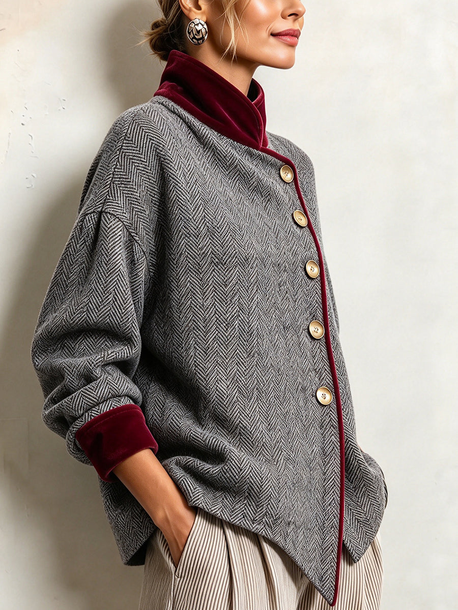Giacca Patchwork dallo stile vintage in velluto bordeaux e misto lana spigata
