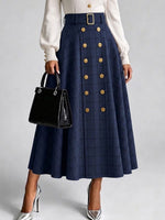 Navy Plaid Double‑breasted Gold‑button Belted A‑line Midi Skirt