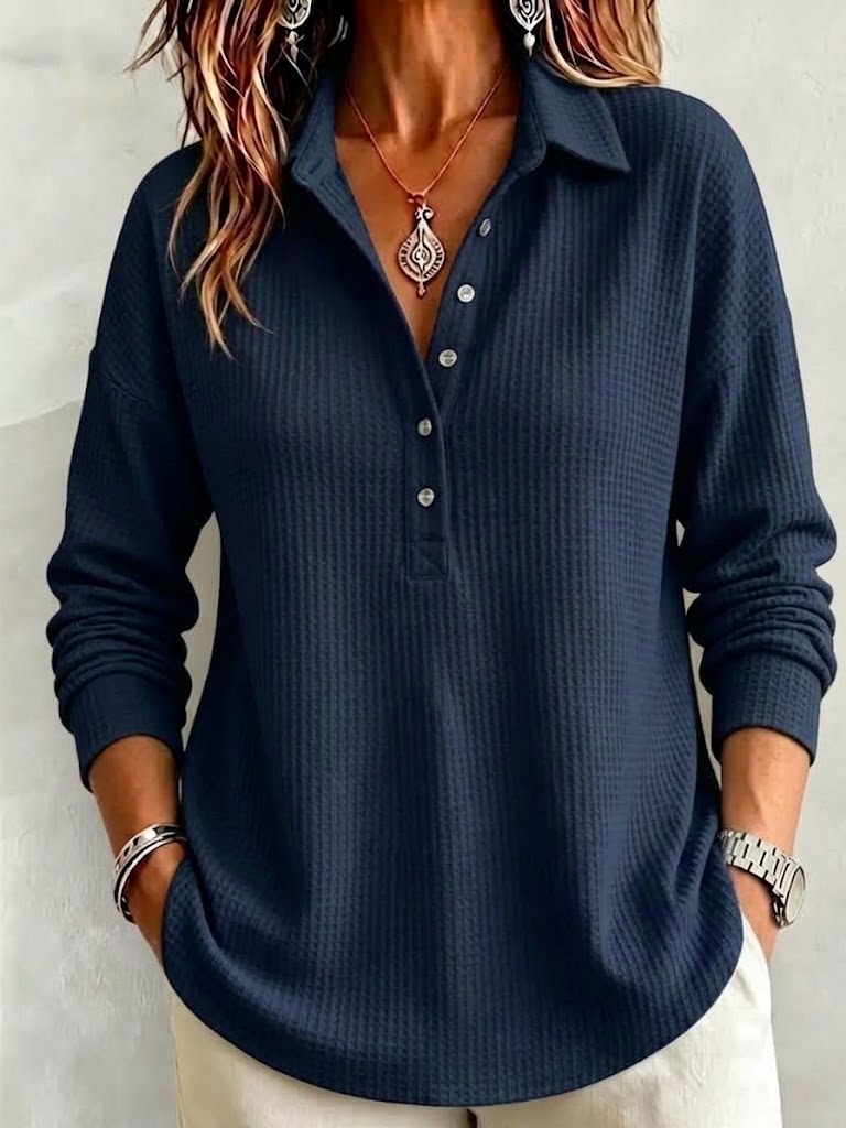 Waffle-knit Collared Long-sleeve Top With A Relaxed Fit