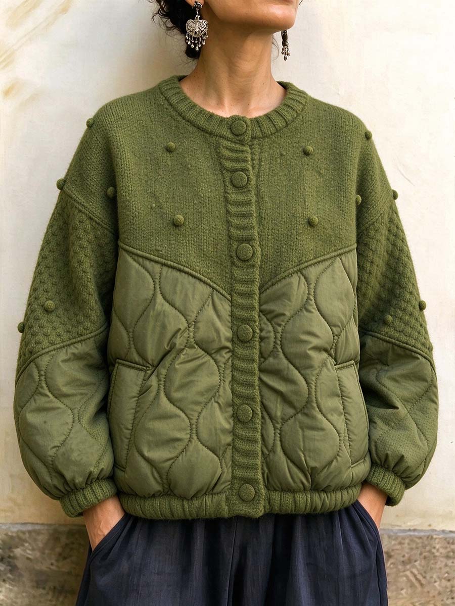 Mixed Media Quilted Knit Cardigan Jacket
