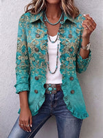 Vintage Damask Print Cotton Linen Ruffled Jacket