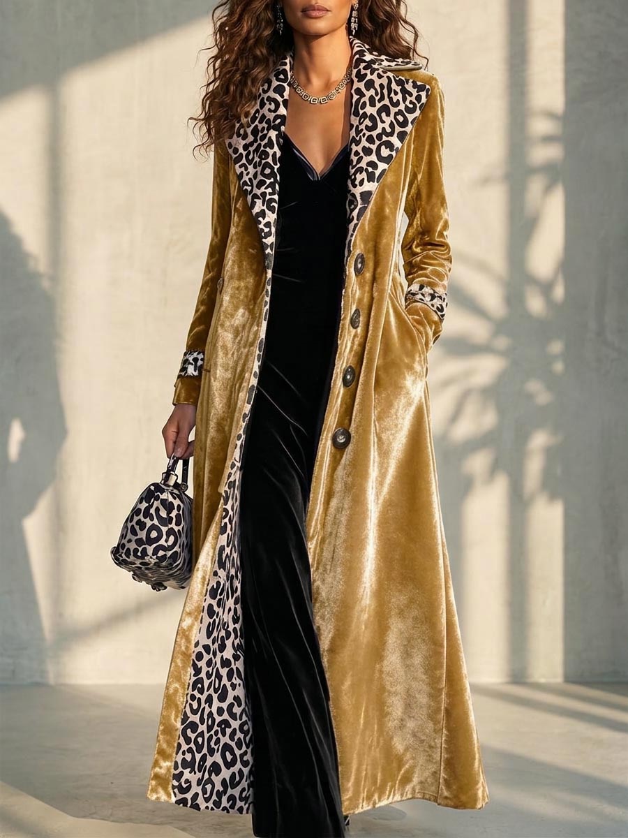 Damen-Retro-Samt-Langmantel mit Leopardenmuster, Farbblock-Revers und Inneneinsätzen, einreihiger Langarm-Trenchcoat