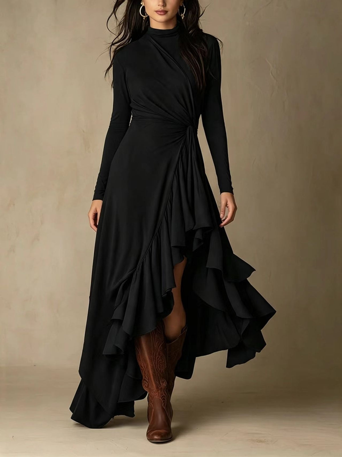 Elegante vestido midi de punto asimétrico con detalle retorcido que define la cintura
