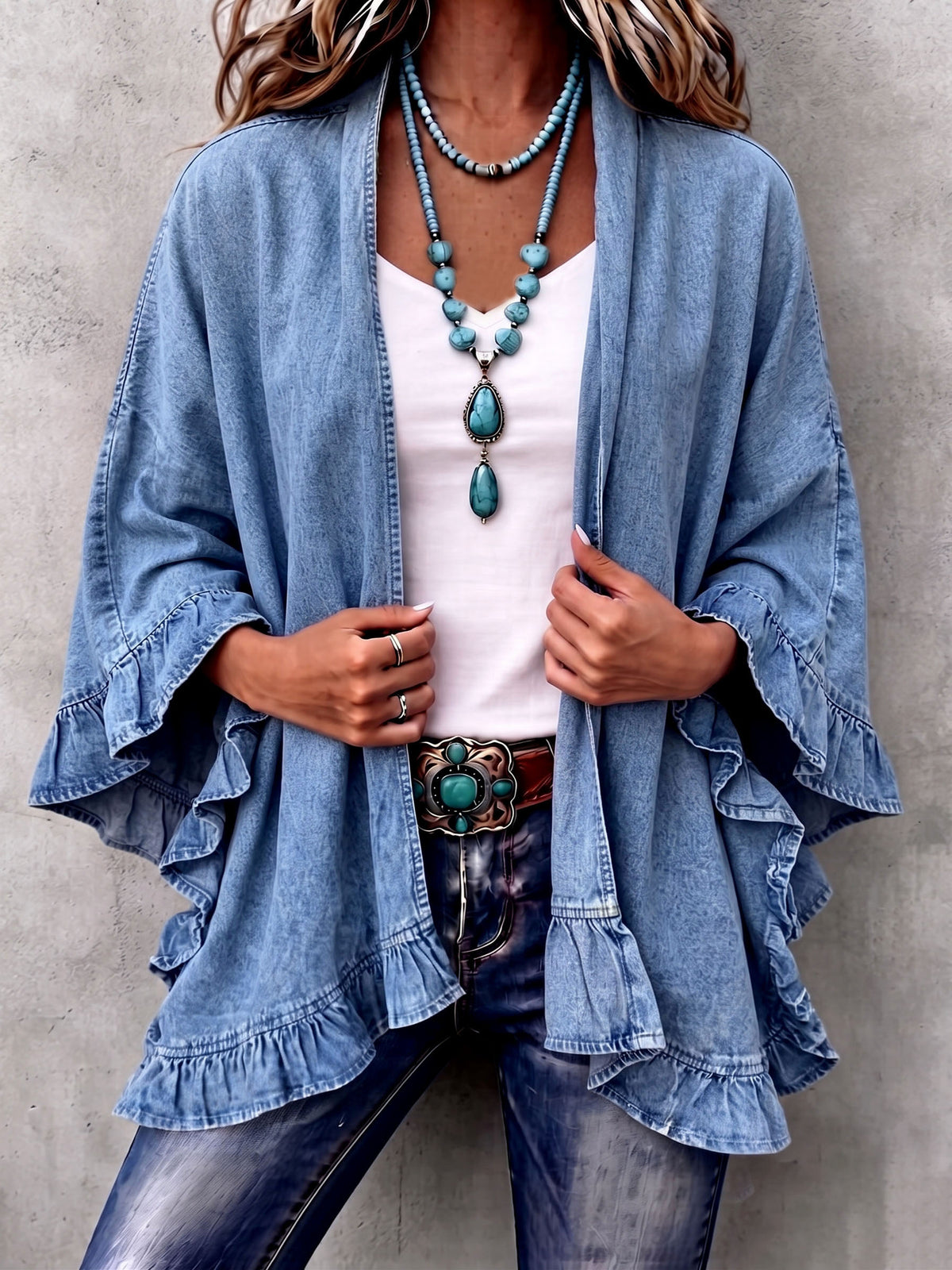Chic Boho Denim Ruffle Trim Cardigan
