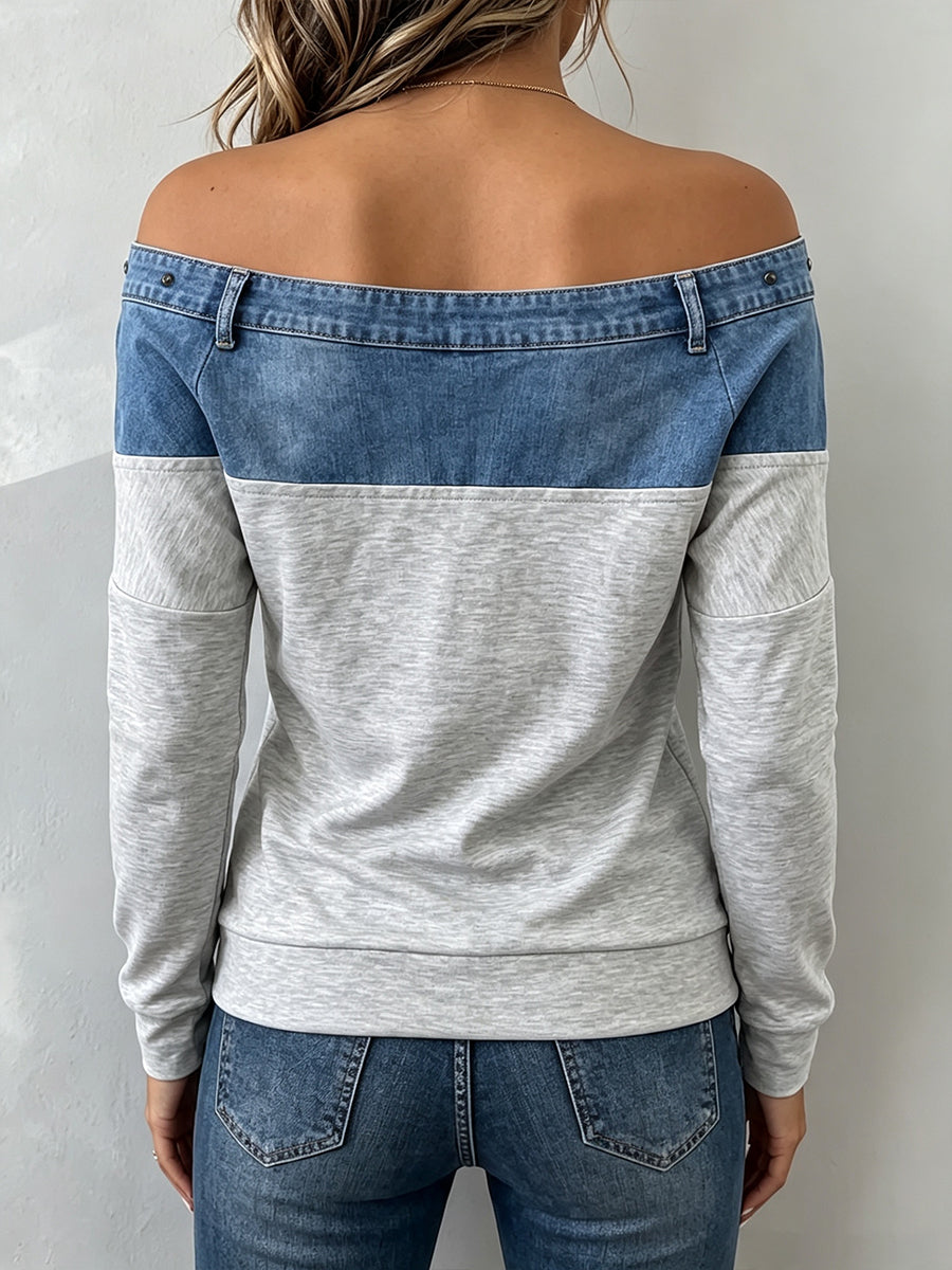 Edgy Off-the-Shoulder Denim-Spliced Zip Pullover