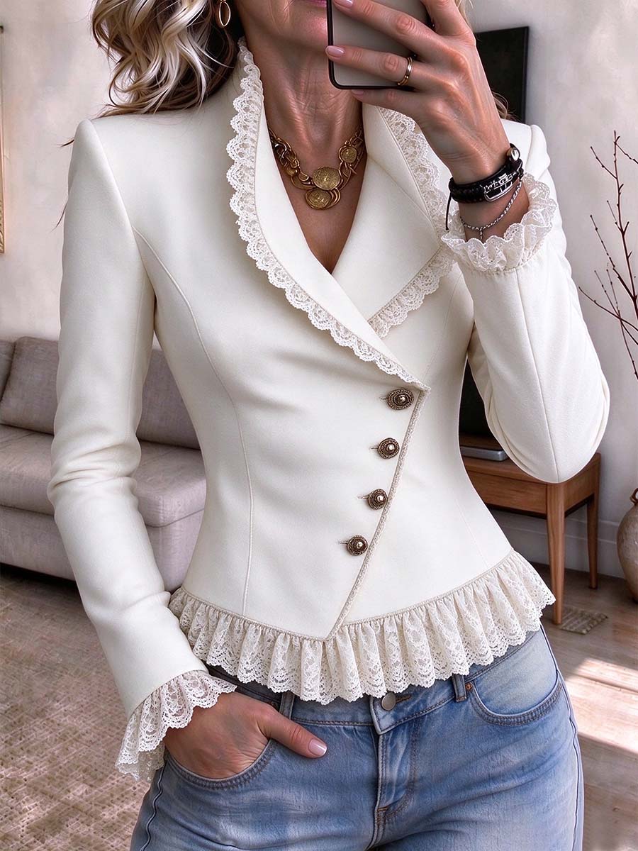 Elegante, weiße, asymmetrische Schößchenjacke mit Spitzenbesatz für Damen