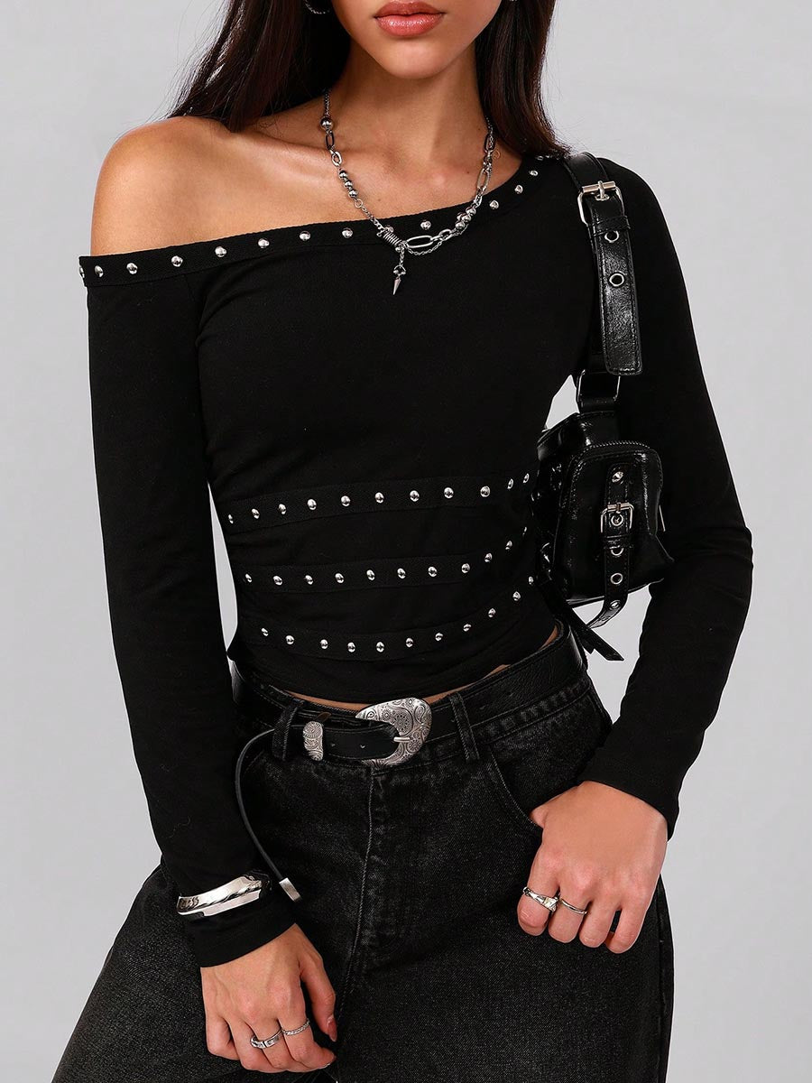 Women's Solid Color Asymmetric Off-shoulder Long-sleeve Loose Casual Studded Top
