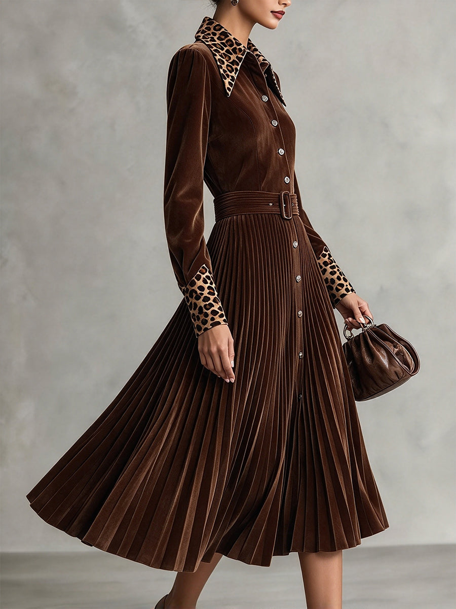 Vintage-style Leopard-print Paneled Velvet Pleated Midi Dress