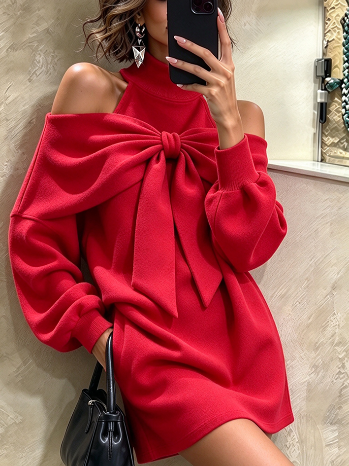 Vestido rojo elegante con lazo y hombros descubiertos