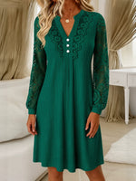Elegant Emerald Lace-Trim Pleated Dress