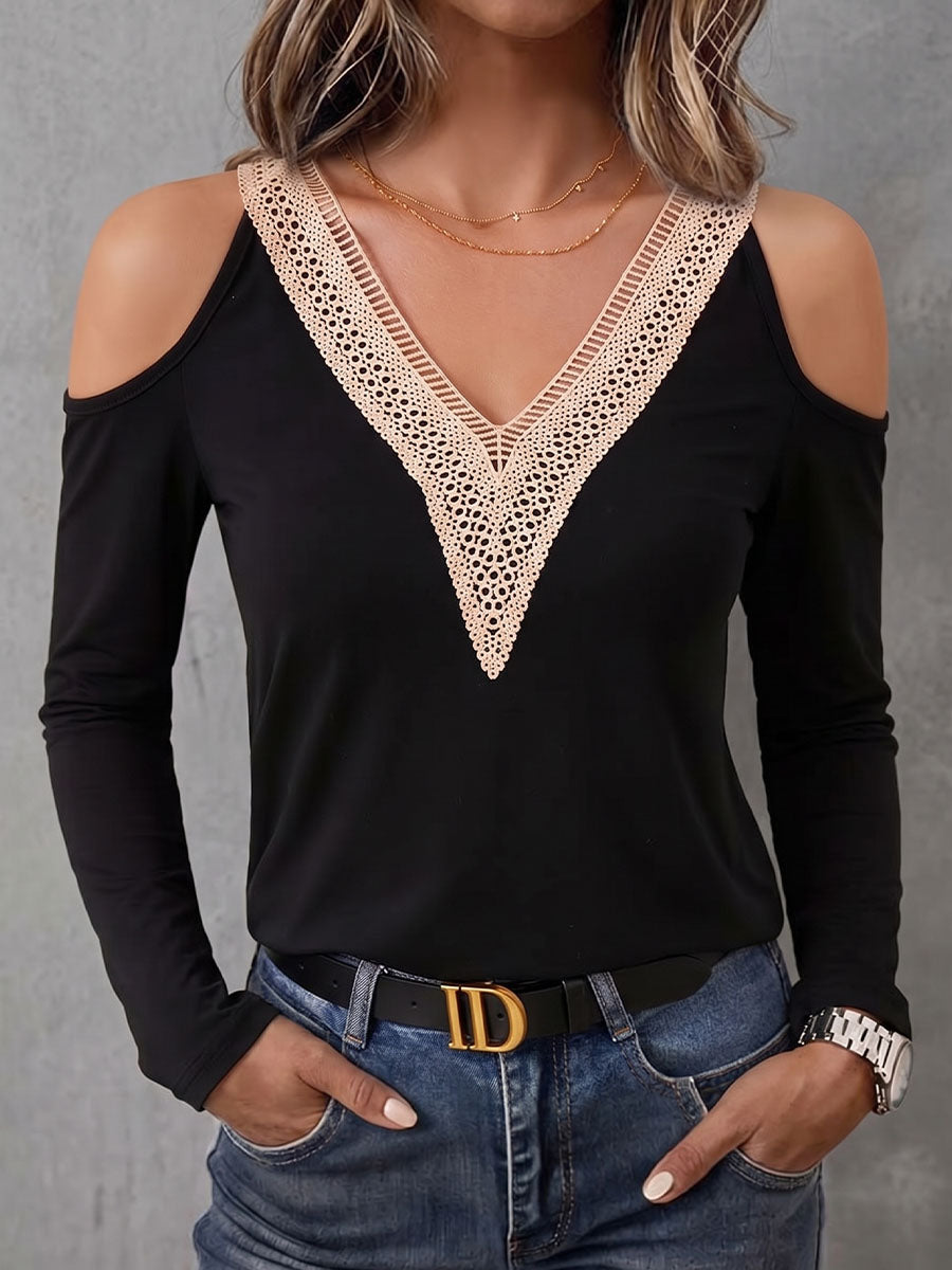 Women's Lace V-neck Cold-shoulder Long-sleeve Casual Loose Top