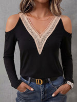 Women's Lace V-neck Cold-shoulder Long-sleeve Casual Loose Top