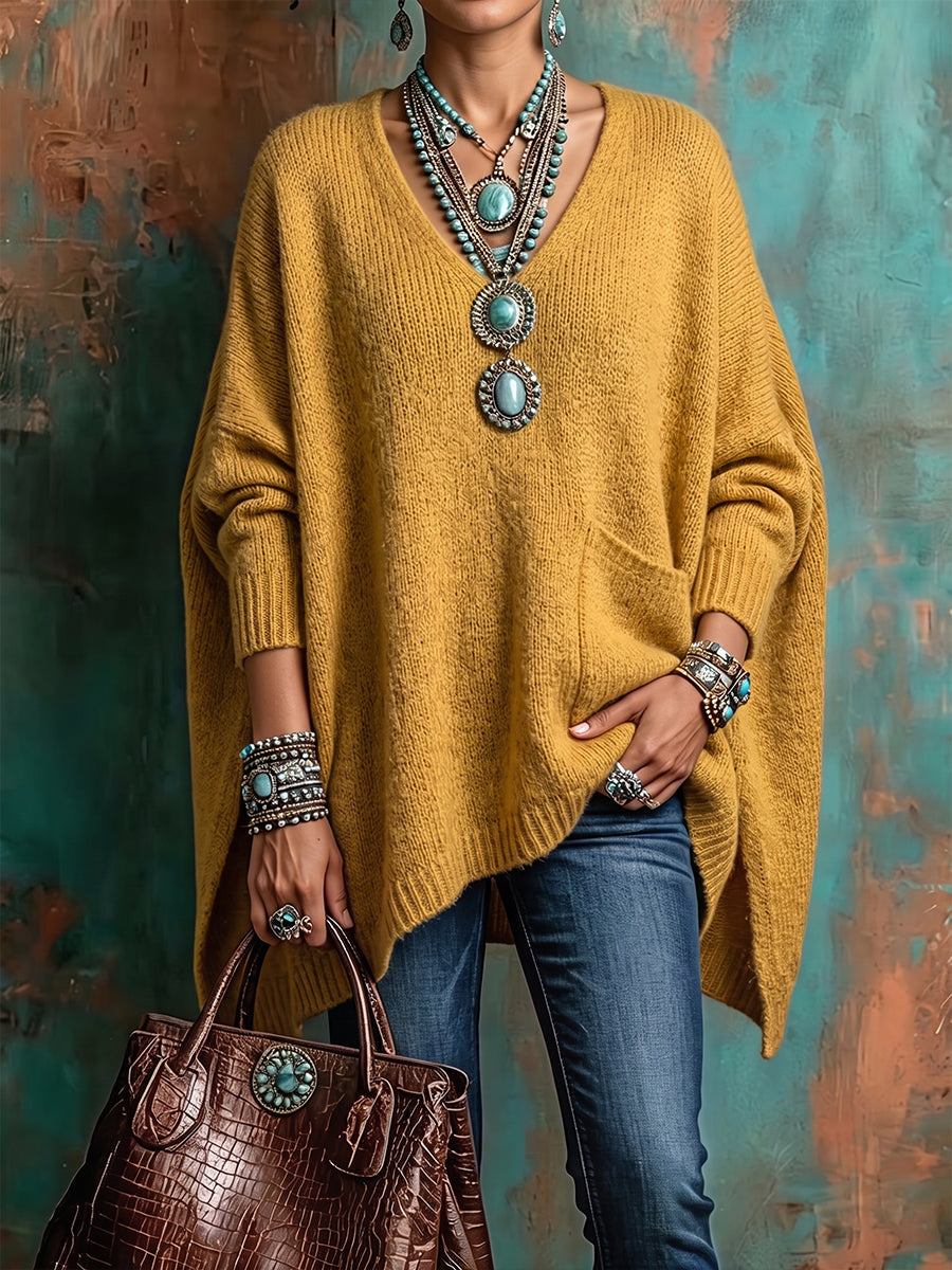 Pullover poncho oversize in maglia senape vivace