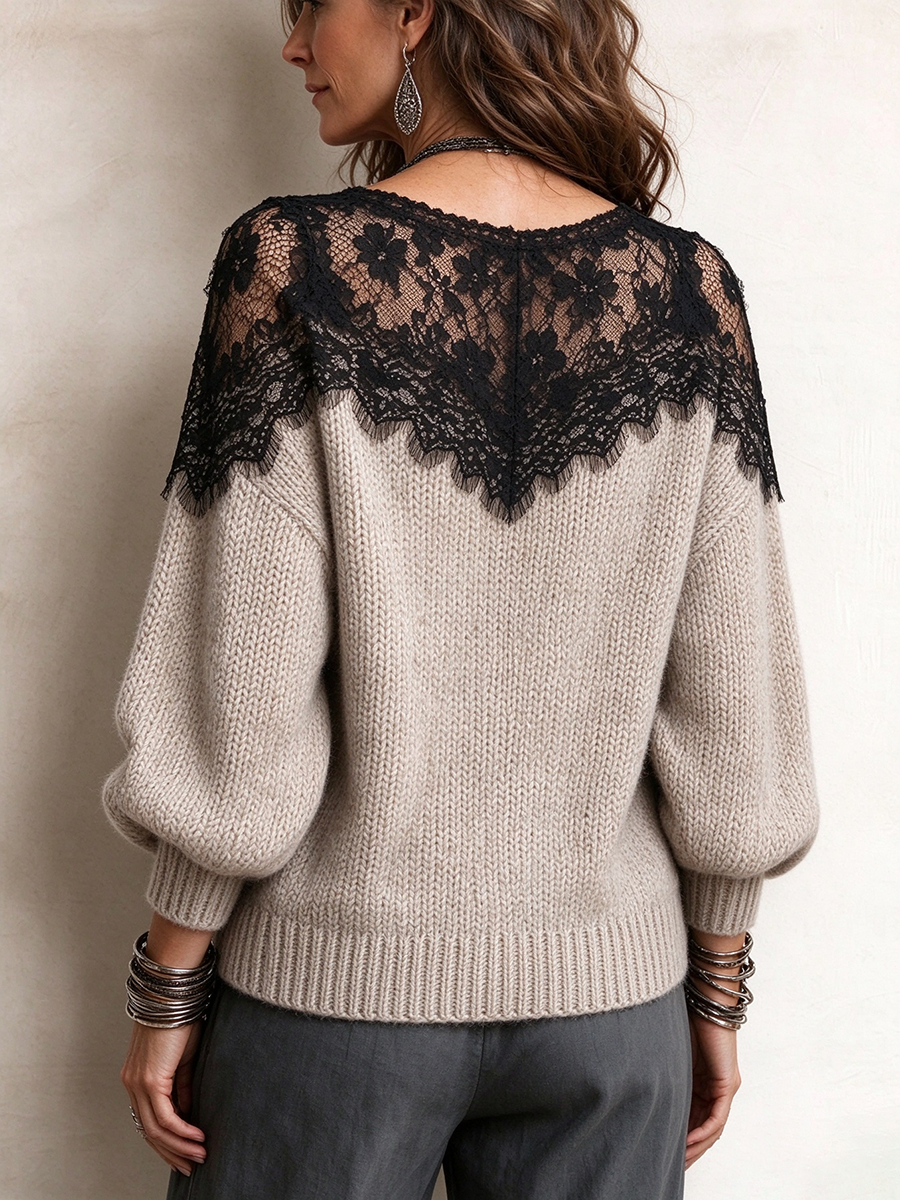 Elegant Black Floral Lace Splice Lantern Sleeve Knitted Pullover