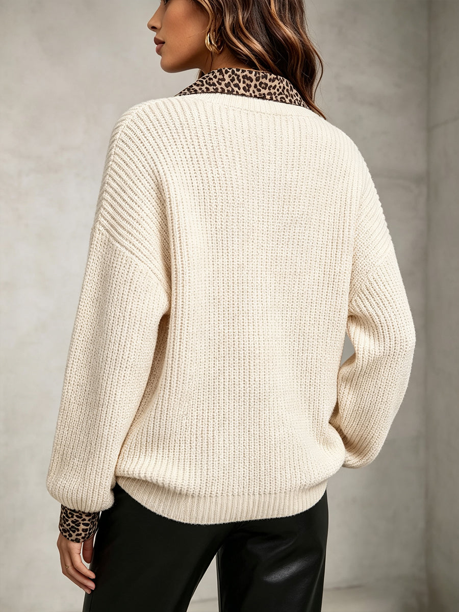 Casual And Comfortable Ribbed Knit Top With Leopard-print Collar Paneling