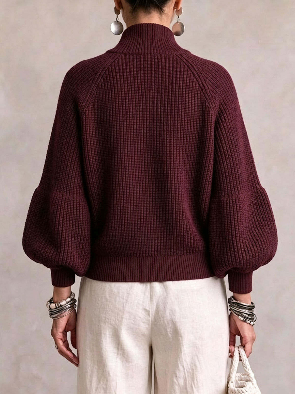 Cropped Knit Jacket With A Stand Collar, Zip Fastening, And Lantern Sleeves