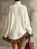 Chic Leopard Ruffle Trim Turtleneck Sweater Dress