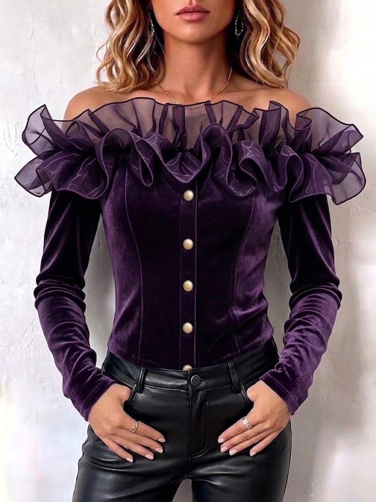 Tulle Ruffle Off‑shoulder Velvet Fitted Long‑sleeve Top