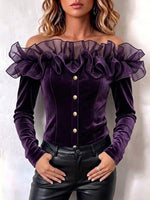 Tulle Ruffle Off‑shoulder Velvet Fitted Long‑sleeve Top