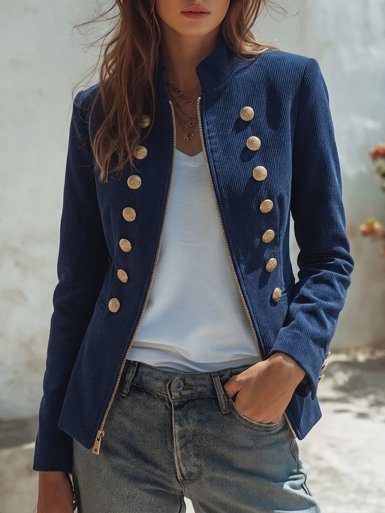 Casual Navy Corduroy Jacket With A Stand-up Collar
