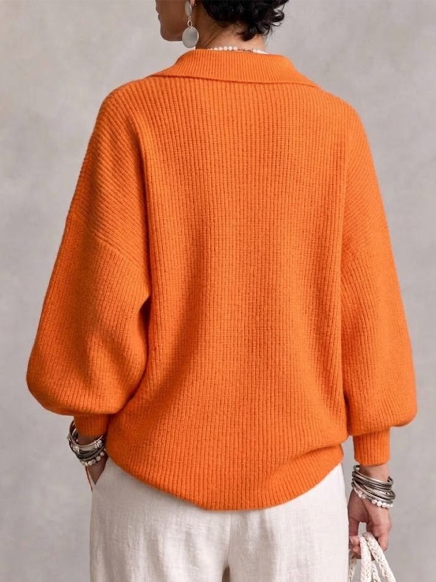 Asymmetric Button-front Knit Top With Lantern Sleeves