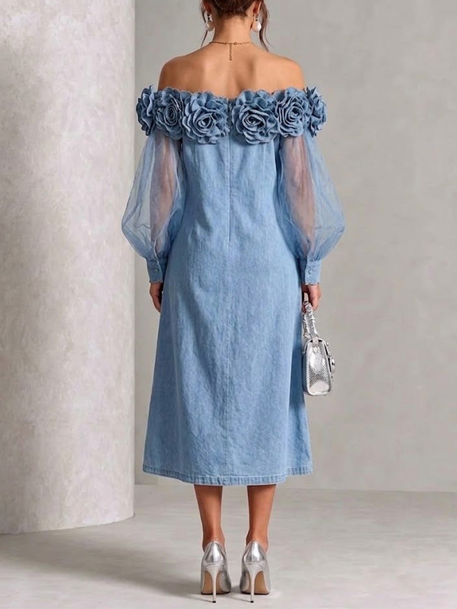 Off-shoulder Denim Dress With Chiffon Panels And 3d Rose Detail