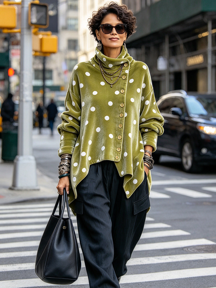 Top in velluto a pois con bottoni asimmetrici chic