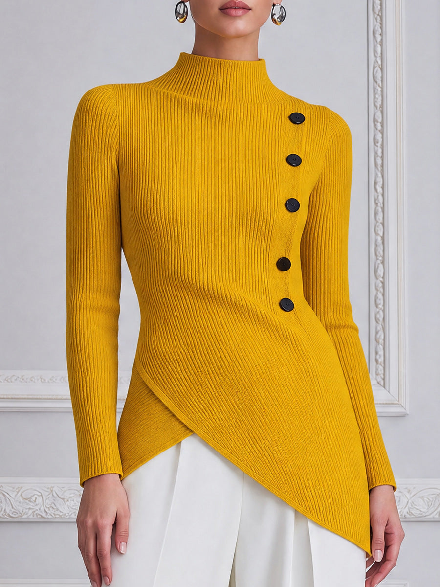 Chic Ribbed Knit Asymmetrical Button Top