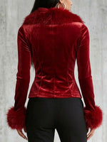 Glamour giacca con zip in velluto rosso con finiture in pelliccia sintetica