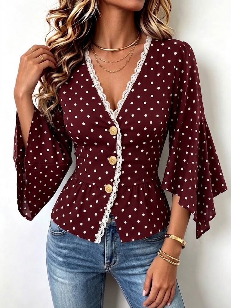 Polka-dot Top With Lace Splicing, V-neck, Single-breasted Closure, And Three-quarter Length Flared Sleeves