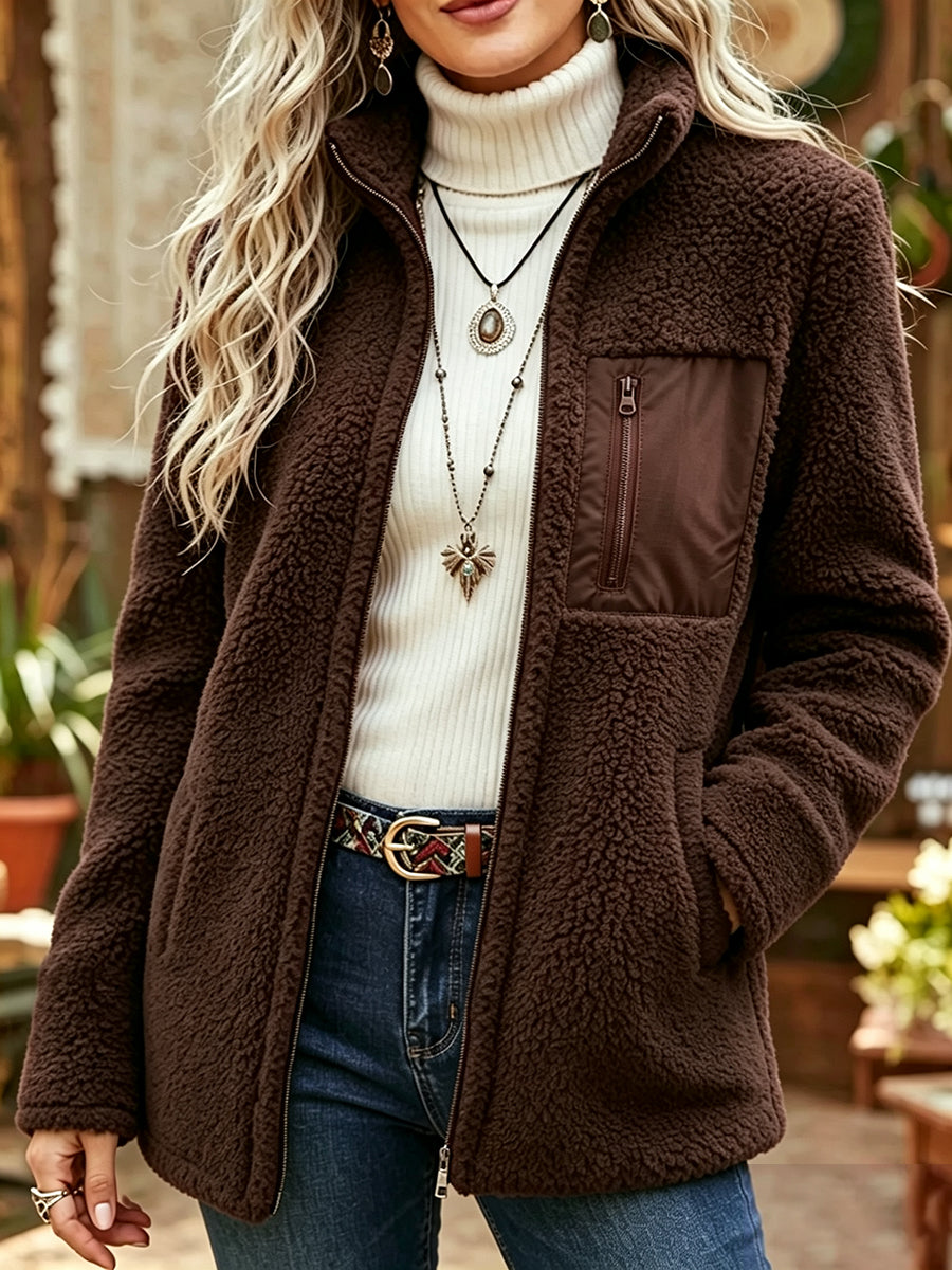 Casual And Comfortable Zip-up Teddy Fleece Jacket With Patch Pockets
