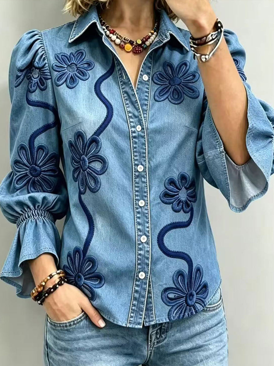 Vintage-Jeanshemd mit Blumenstickerei