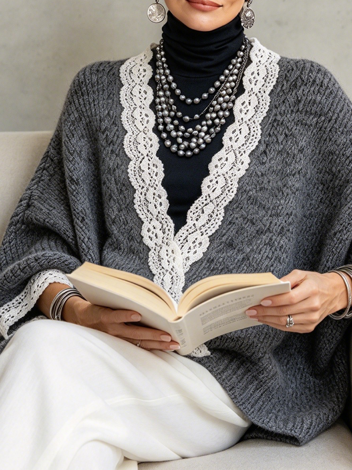 Komforta Malstreĉita Vintage Lace Tondita Trikita Svetero