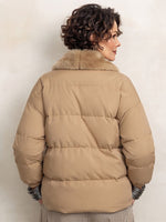 Asymmetrical Zip Plush Faux Fur Colla Puffer Khaki Jacket
