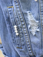 Romantic 3D Floral Applique Pearl Denim Jacket