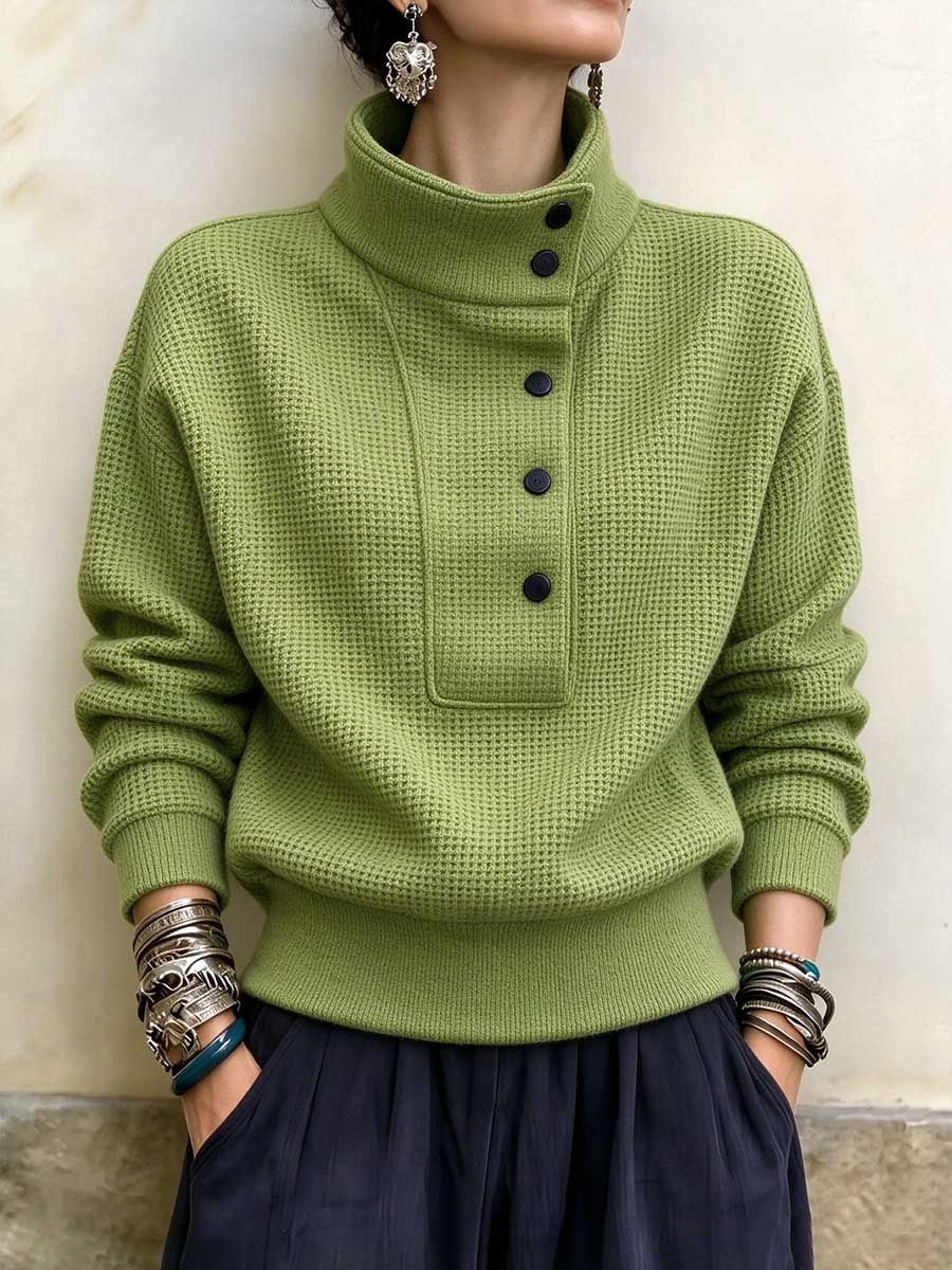 Asymmetrischer Waffelstrickpullover mit Knopfkragen für Damen