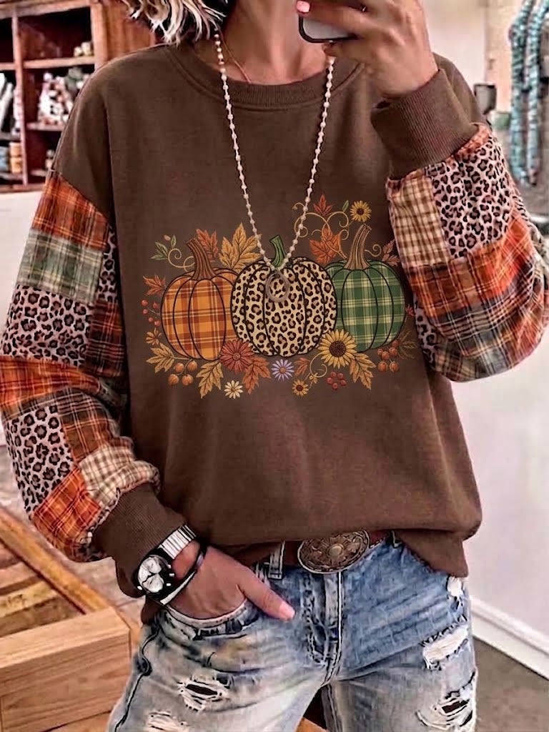 Halloween Crewneck Sweatshirt With Pumpkin Print, Plaid, And Leopard Print Sleeves