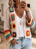 Women's Bohemian Colorful Granny Square Crochet Open Cardigan
