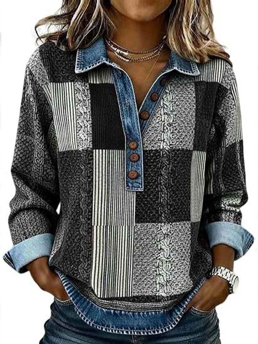 Pullover da donna a maniche lunghe con colletto stile denim e pannelli con stampa digitale