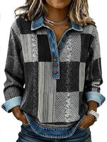 Pullover da donna a maniche lunghe con colletto stile denim e pannelli con stampa digitale
