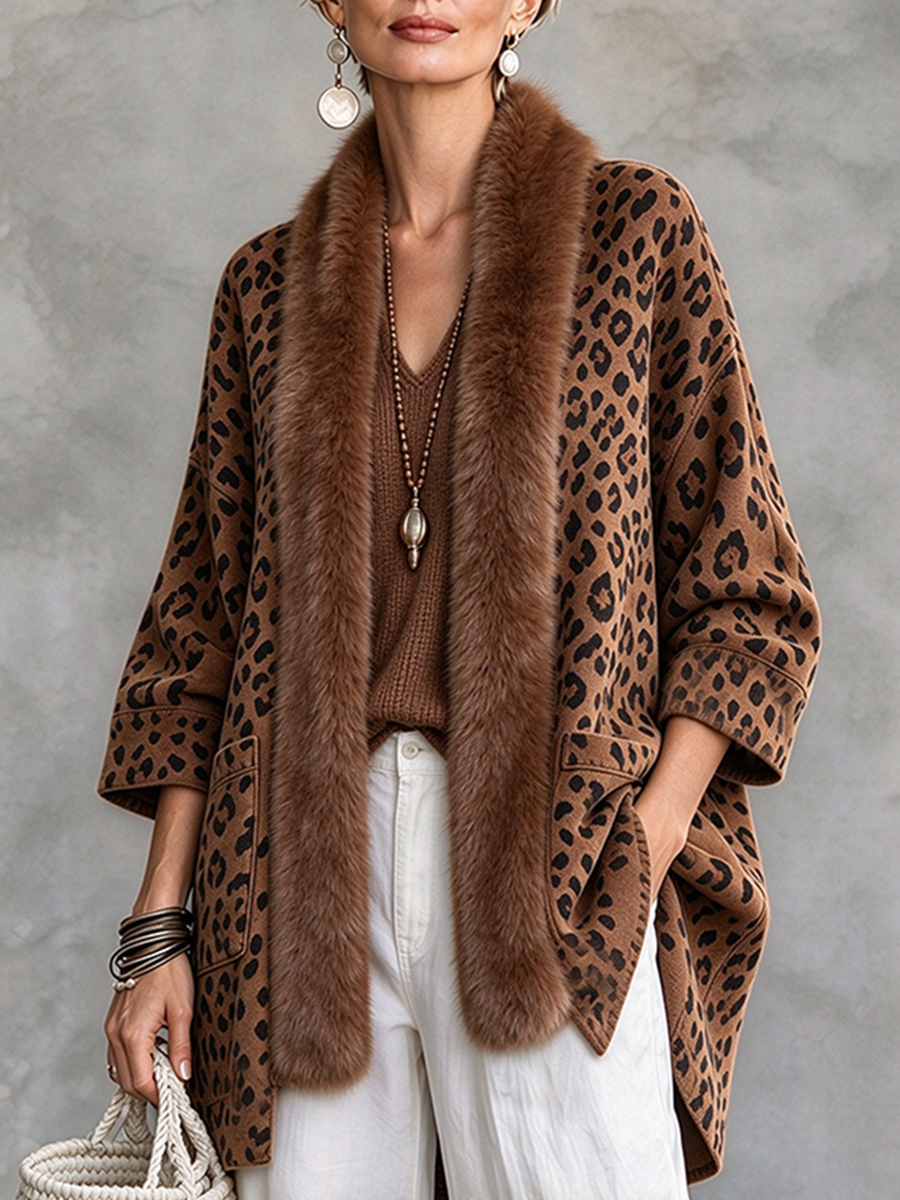 Boho Malstreĉita Malfermita Antaŭa Falsa Pelto Trim Leoparda Presaĵo Cardigan
