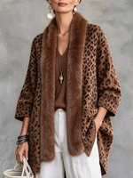 Boho Malstreĉita Malfermita Antaŭa Falsa Pelto Trim Leoparda Presaĵo Cardigan