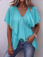 Women's Solid Color V-neck Short-sleeved Casual Loose Chiffon Top