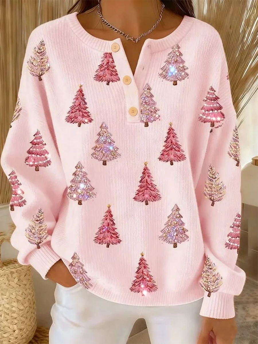 Suéter de punto con diseño de árbol de Navidad rosa, elegante y acogedor