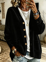 Corduroy V-neck Loose-fit Drop-shoulder Single-breasted Cardigan With Dual Pockets