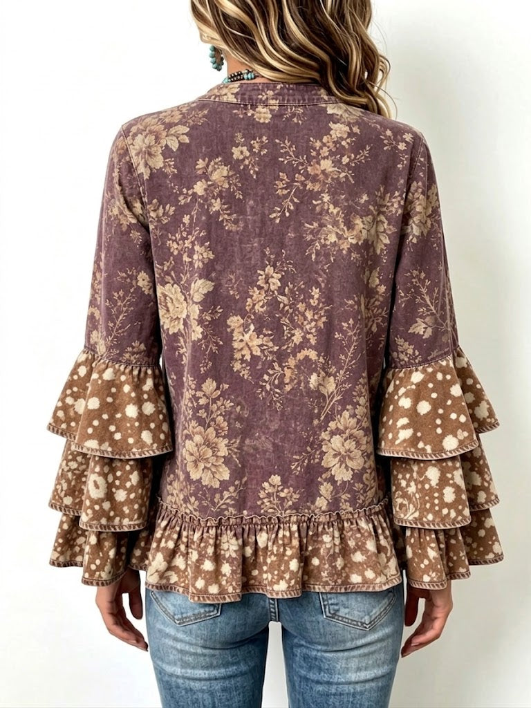 Vintage Floral Print Tiered Ruffle Sleeve Jacket