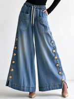 Pantalones vaqueros de pierna ancha con cordón y botones laterales para mujer