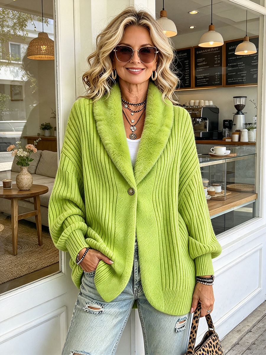 Relaxed Faux Fur Collar Ribbed Knitted Cardigan